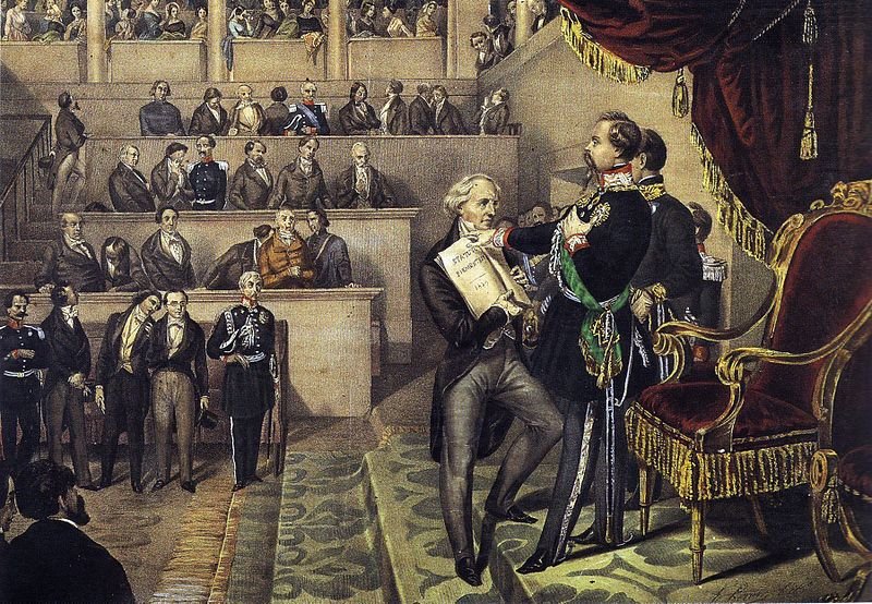 Vittorio Emanuele II presta giuramento sullo Statuto Albertino