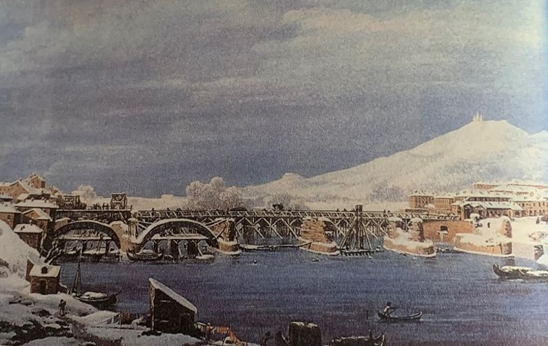 6Veduta del ponte di pietra sul Po in costruzione, 1811-1812