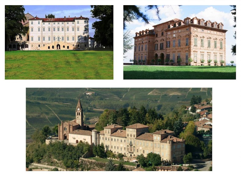 Castello di Santena (in alto a sinistra), Castello di San Martino Alfieri (in alto a destra) e Castello di Magliano Alfieri (in basso)