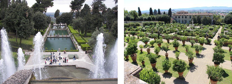 I giardini di Villa d’Este a Tivoli e il giardino all'italiana di Castello (Firenze), con le piante di agrumi